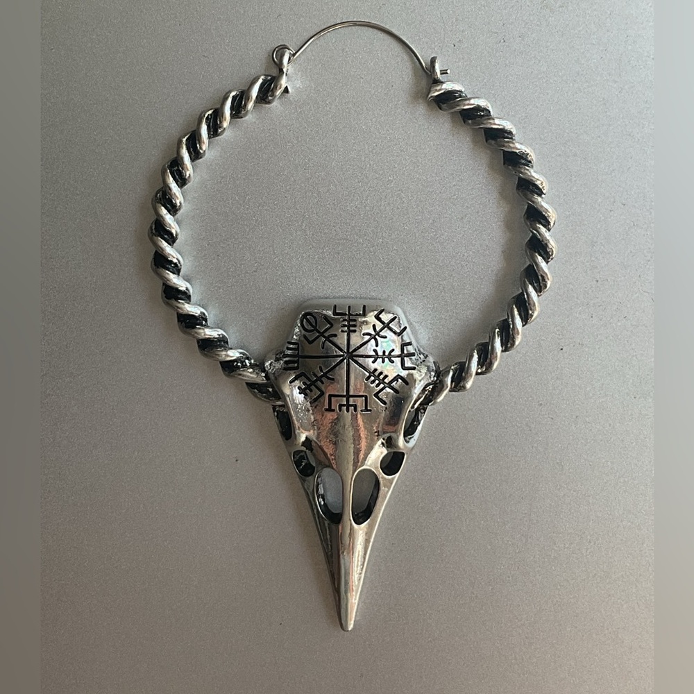 Viking Gothic Raven Skull Hoop Earring with Vegvisir Symbol